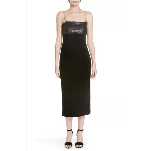 CINQ a SEPT Woman's Sz 4 Calla Black Sequin Top Cutout Back Velvet Midi Dress - Picture 1 of 10